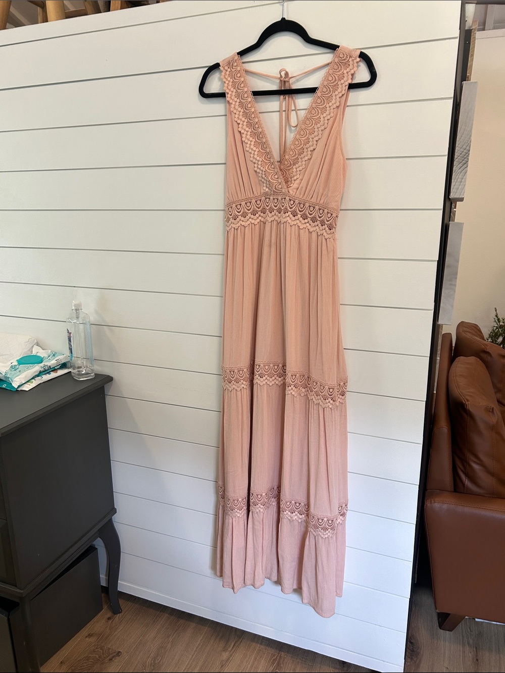 Shinestar Blush Pink Lace-Trim Maxi Dress